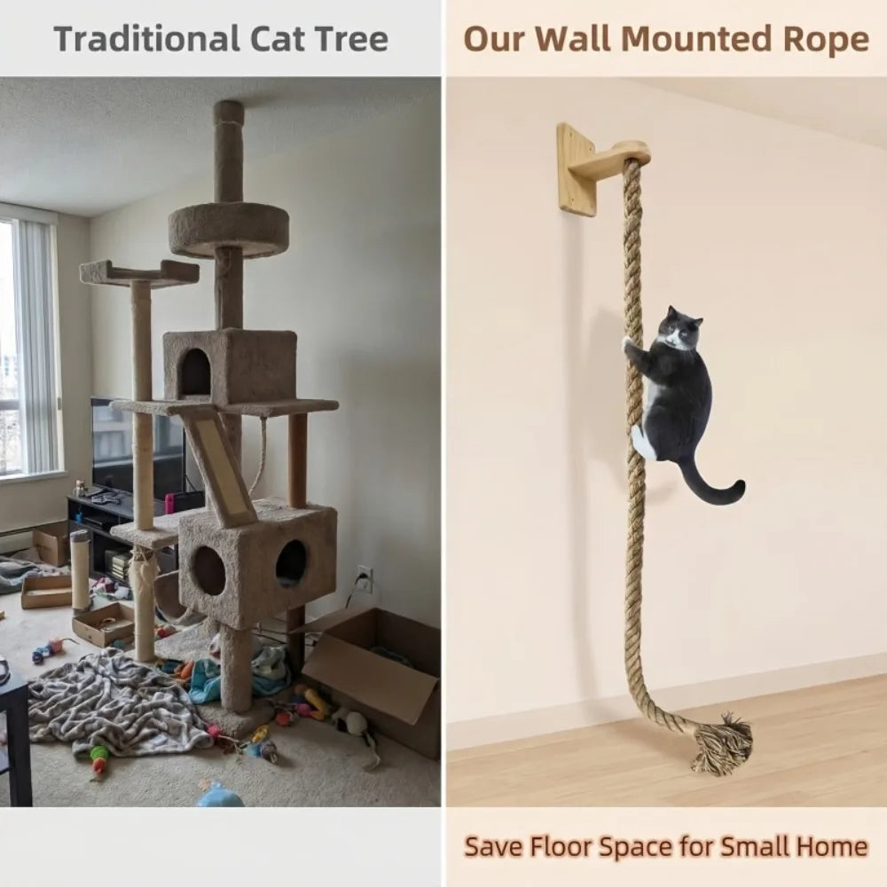 Minimalist wall-mounted cat climbing rope by Furvio Shop, featuring natural sisal and wooden mounting brackets for indoor cat play.