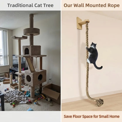 Minimalist wall-mounted cat climbing rope by Furvio Shop, featuring natural sisal and wooden mounting brackets for indoor cat play.
