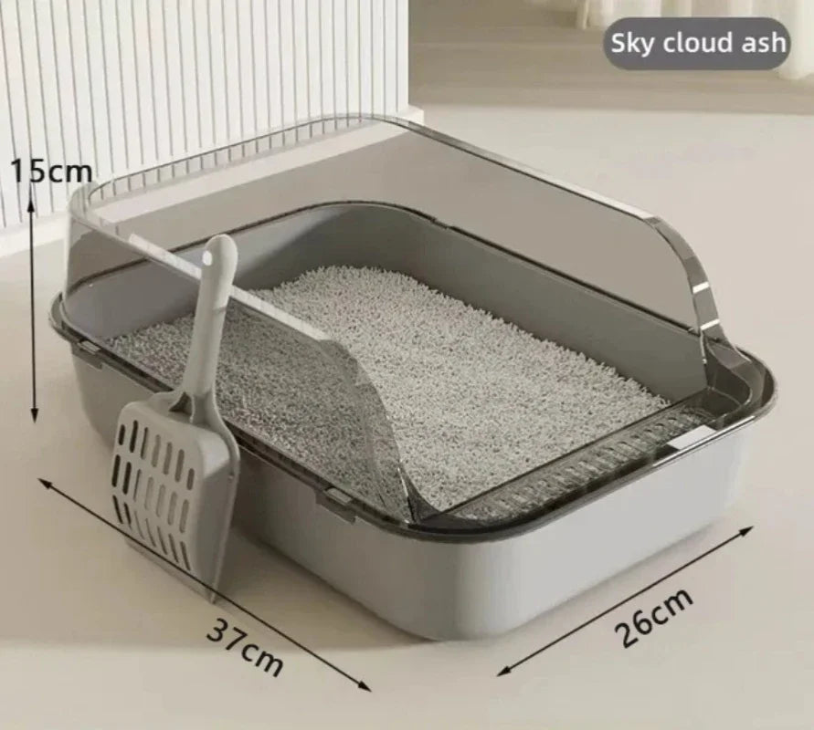 Semi-enclosed splashproof cat litter box by Furvio Shop with high sides and a front entrance, designed to contain litter and splashes.
