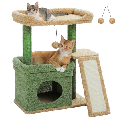 Compact 3-tier cat tree from Furvio Shop featuring scratching pads and cozy perches for cats to climb and relax.