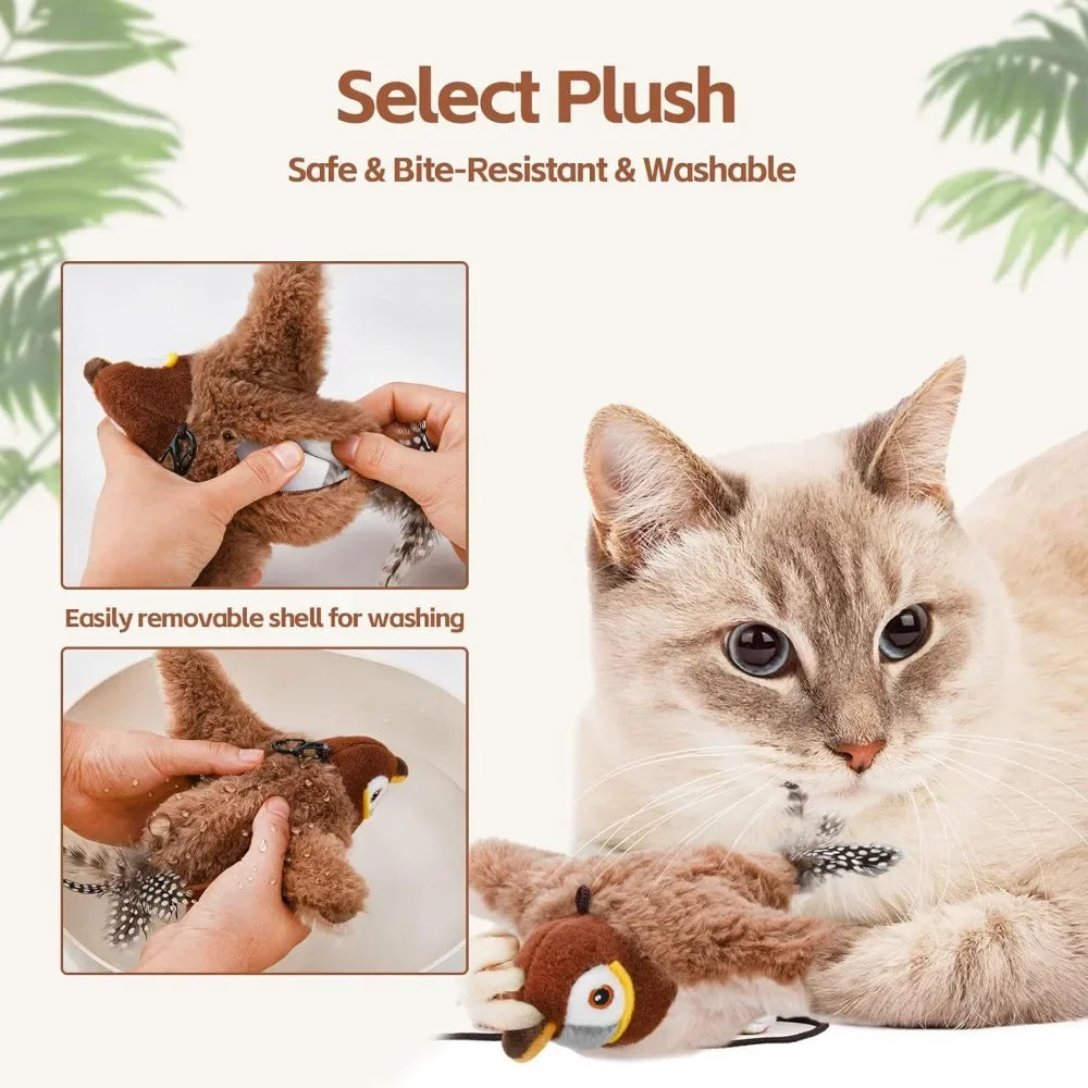 Furvio Shop interactive flapping bird cat toy with USB rechargeable feature, showing a colorful toy bird in motion for cats.