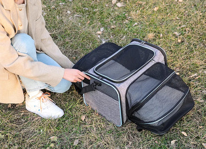 Expandable breathable pet carrier bag by Furvio Shop showing mesh panels, adjustable straps, and a compact design for pet travel.