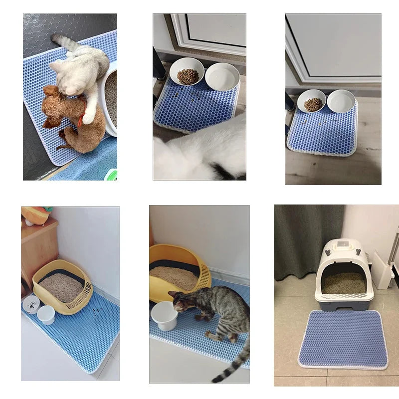Furvio Shop cat litter mat with double layer waterproof design, non-slip surface, washable pet litter box pad, clean and soft.