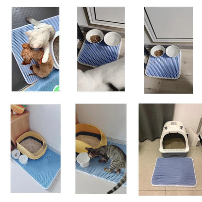 Furvio Shop cat litter mat with double layer waterproof design, non-slip surface, washable pet litter box pad, clean and soft.