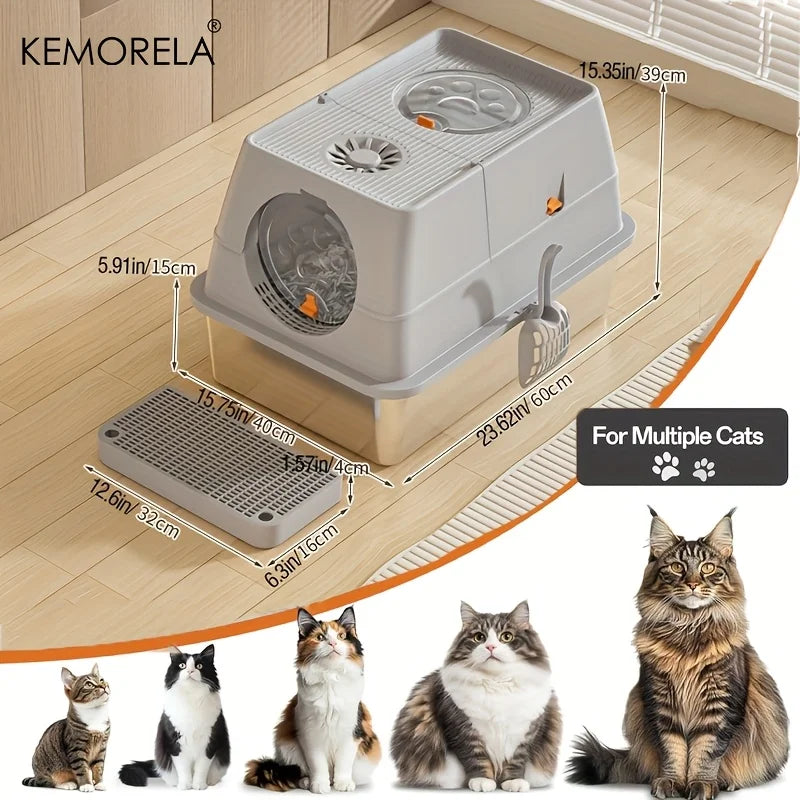 Furvio Shop odor-proof stainless steel enclosed litter box with a door and ventilation for easy cleaning and odor control.
