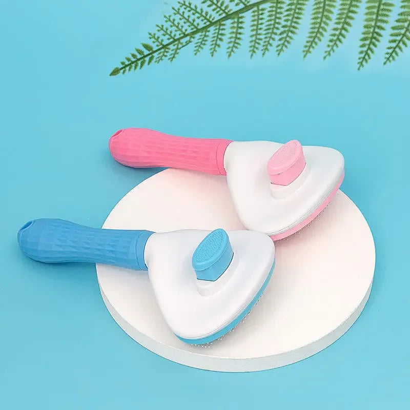 Furvio Shop self-cleaning pet grooming brush with ergonomic handle and stainless steel bristles for gentle fur removal