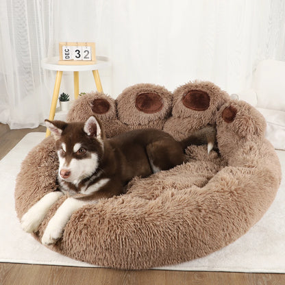 Ultra-soft plush paw-shaped pet bed by Furvio Shop, featuring a cozy winter warm design with plush fur interior for pets.