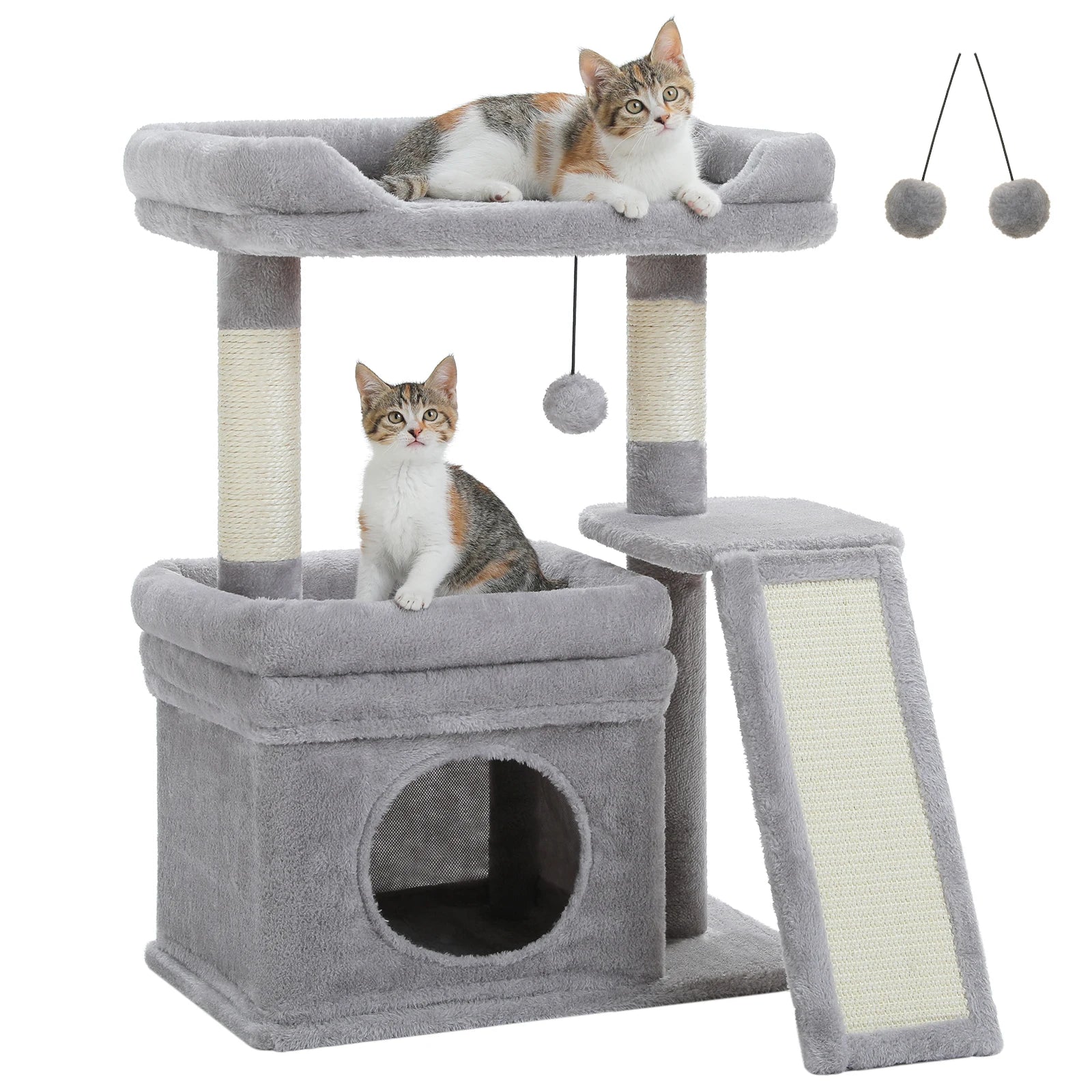 Compact Furvio Shop 3-tier cat tree with scratching pad, featuring cozy platforms and sisal scratching posts for cats.