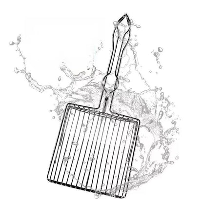Heavy-duty stainless steel cat litter scoop from Furvio Shop with a long handle and mesh scoop for easy cleaning.