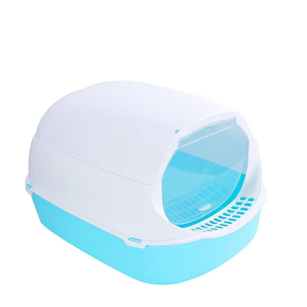 Furvio Shop semi-enclosed splashproof cat litter box with high sides and door, designed to contain litter and prevent spills.