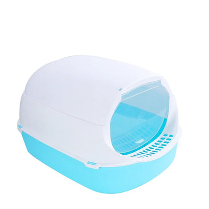 Furvio Shop semi-enclosed splashproof cat litter box with high sides and door, designed to contain litter and prevent spills.