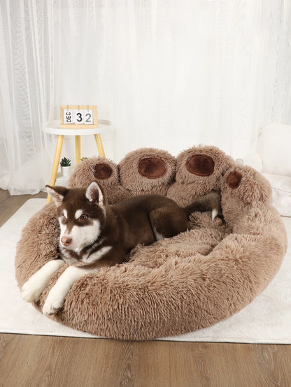 Ultra-soft plush paw-shaped pet bed by Furvio Shop, featuring cozy winter warmth and fluffy interior for small dogs or cats.