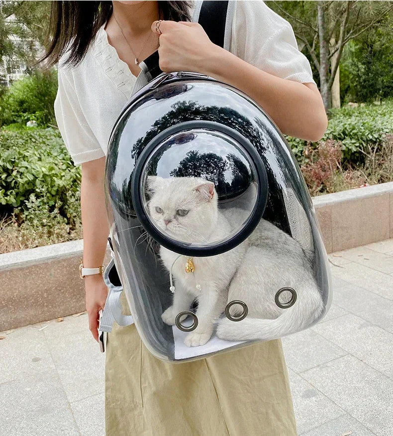 Transparent space capsule pet backpack by Furvio Shop with clear view for pets and comfortable carrying design.