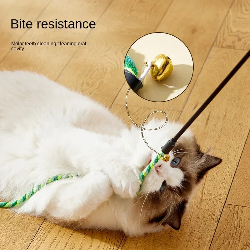 Furvio Shop interactive cotton rope and ribbon cat teaser wand with feathers and colorful ribbons for playful feline entertainment.