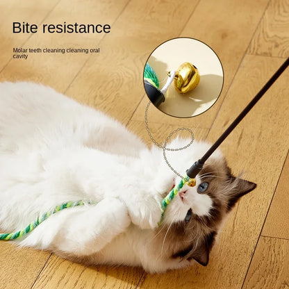 Furvio Shop interactive cotton rope and ribbon cat teaser wand with feathers and colorful ribbons for playful feline entertainment.