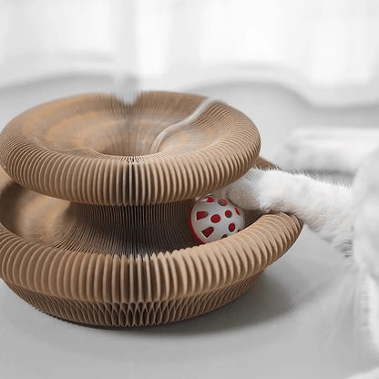 Furvio Shop transformable accordion cat scratcher and ball track with multiple levels and scratching surfaces for feline entertainment.
