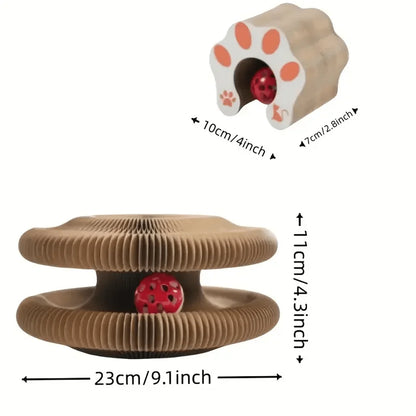 Furvio Shop transformable accordion cat scratcher and ball track with colorful cardboard surfaces and playful hanging ball for cats.