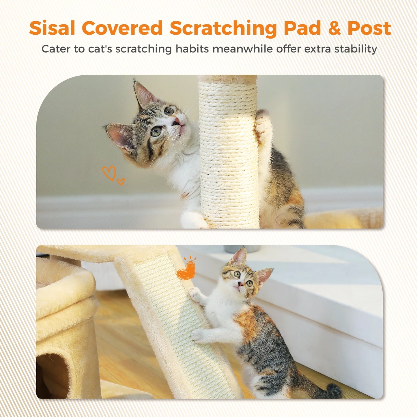 Compact Furvio Shop 3-tier cat tree with scratching pad, featuring cozy platforms and sisal scratching surfaces for cats.