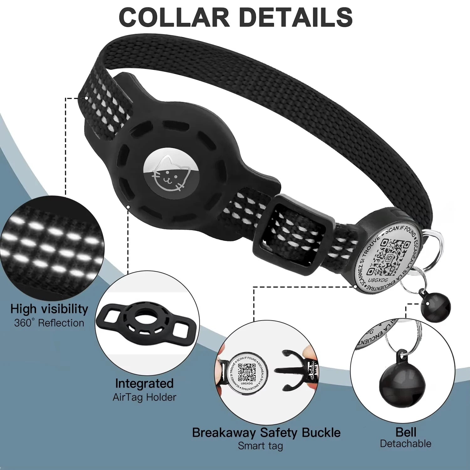 Furvio Shop Smart AirTag and QR Code cat collar with adjustable strap, designed for pet tracking and safety.