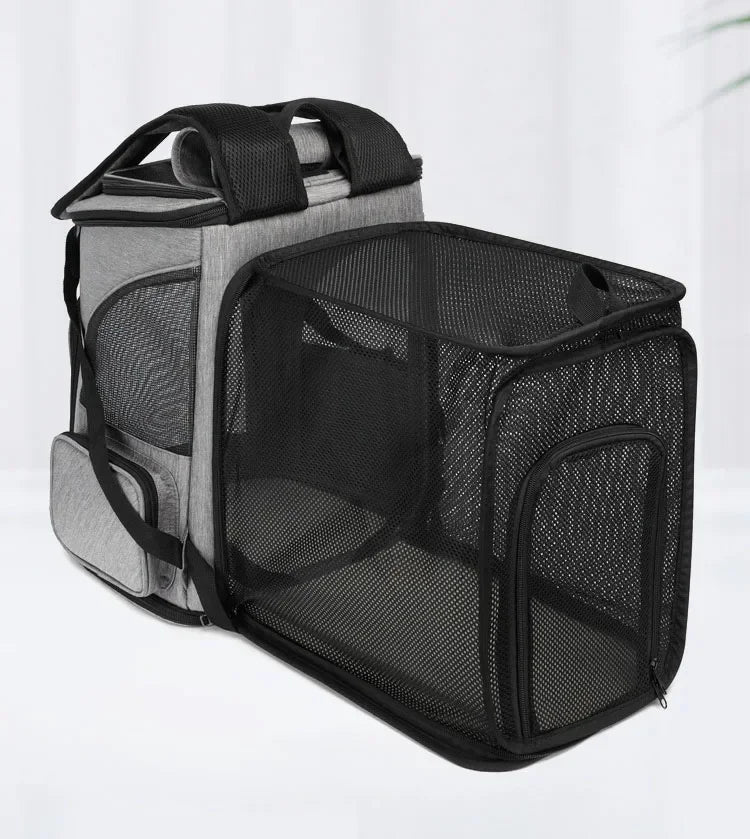 Breathable Furvio Shop expandable pet carrier backpack with mesh sides and adjustable straps for comfortable travel with pets.