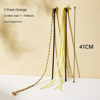 Furvio Shop interactive cotton rope and ribbon cat teaser wand with colorful feathers for playful feline fun
