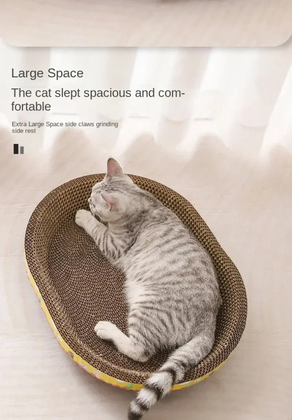 Oval corrugated cat scratcher and lounge bed by Furvio Shop, featuring a cozy resting area and durable scratching surface.
