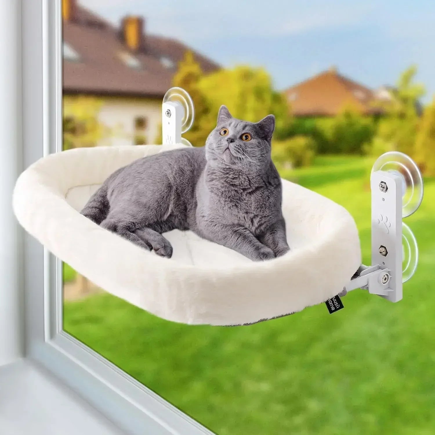 Furvio Shop cordless window cat hammock and sunbed with plush fabric, perfect for cats to relax and enjoy sunshine.