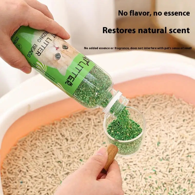 Furvio Shop long-lasting cat litter deodorizing beads in a clear container with purple accents, designed to control odors.