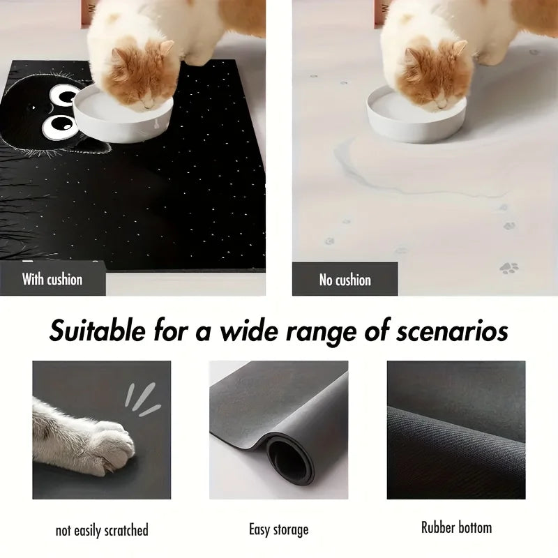 Waterproof diatom mud pet feeding mat from Furvio Shop, showing a durable, absorbent mat with food and water bowls on a wooden floor.