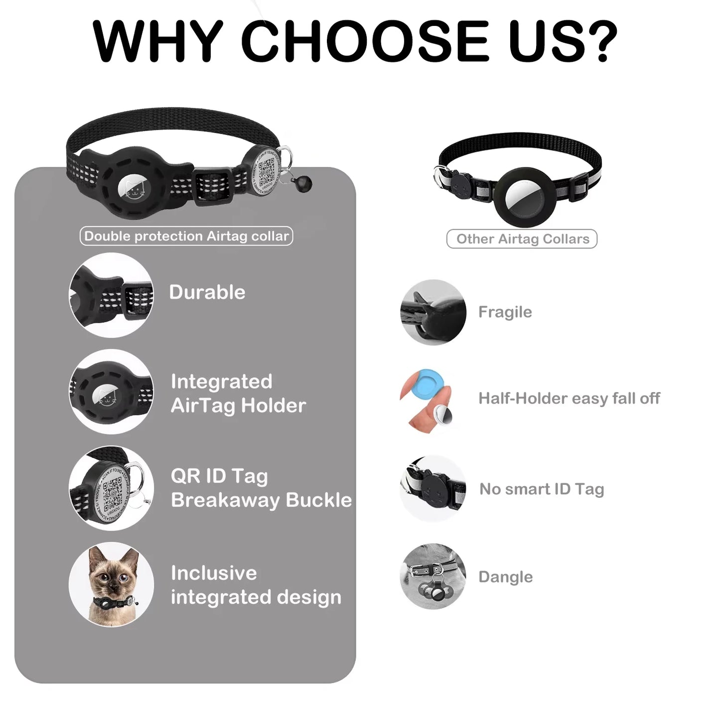 Furvio Shop Smart AirTag and QR code cat collar with adjustable strap and safety breakaway feature on a white background.