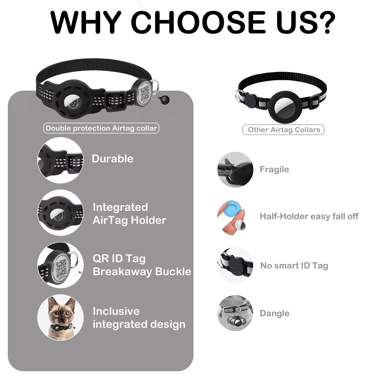 Furvio Shop Smart AirTag and QR code cat collar with adjustable strap and safety breakaway feature on a white background.