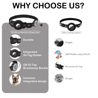 Furvio Shop Smart AirTag and QR code cat collar with adjustable strap and safety breakaway feature on a white background.