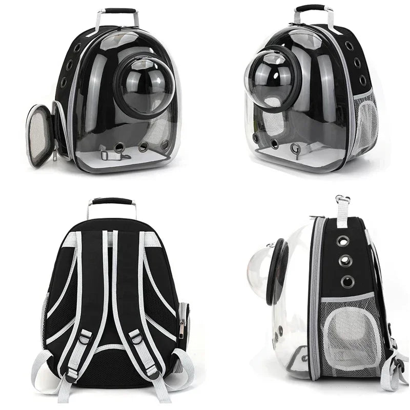 Transparent space capsule pet backpack by Furvio Shop, showing clear view of pet inside with adjustable straps and ventilation.