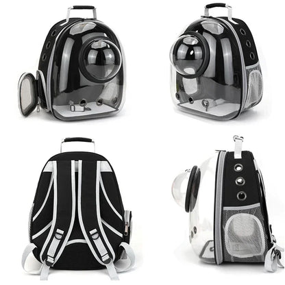 Transparent space capsule pet backpack by Furvio Shop, showing clear view of pet inside with adjustable straps and ventilation.