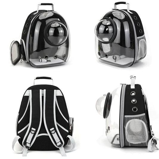Transparent space capsule pet backpack by Furvio Shop, showing clear view of pet inside with adjustable straps and ventilation.