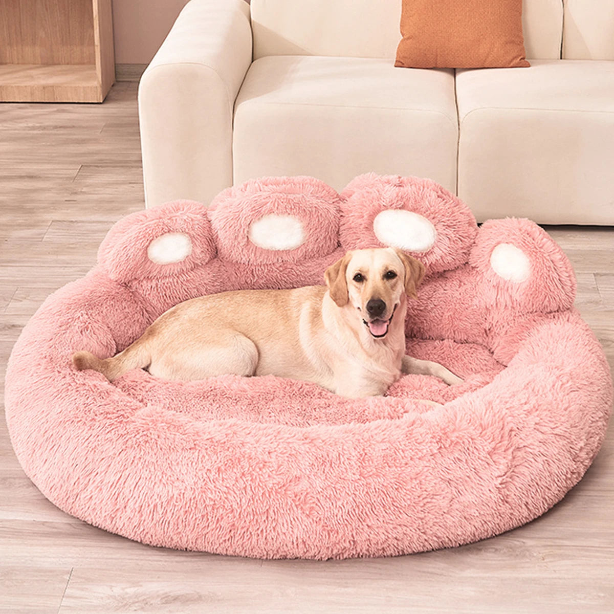Ultra-soft plush paw pet bed by Furvio Shop, shown in cozy winter warm design with plush fabric and paw print pattern.