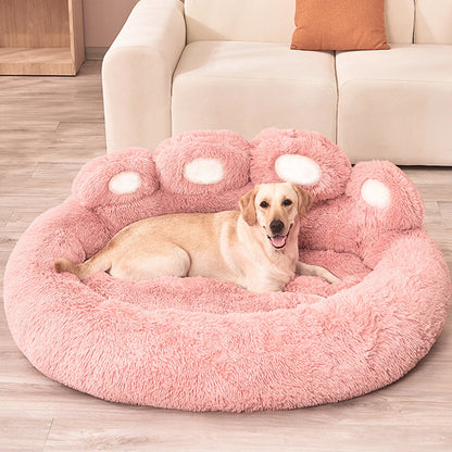 Ultra-soft plush paw pet bed by Furvio Shop, shown in cozy winter warm design with plush fabric and paw print pattern.
