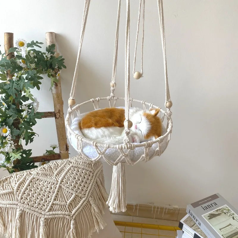 Furvio Shop boho macrame hand-woven cat hammock swing with cozy design for comfortable feline relaxation