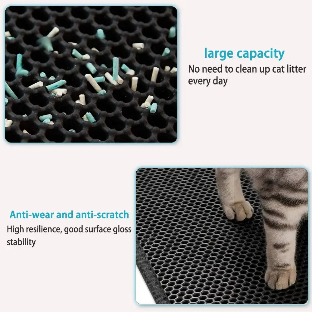 Furvio Shop cat litter mat with double layer waterproof design, non-slip surface, washable pet litter box pad, and clean bedding.
