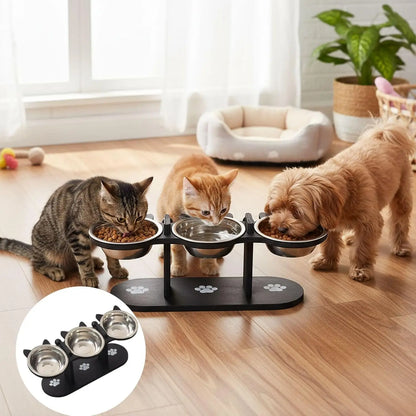 Elevated triple stainless steel cat bowl set by Furvio Shop with three bowls on a stand for easy feeding.
