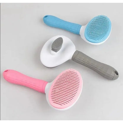 Self-cleaning pet grooming brush by Furvio Shop with ergonomic handle and flexible bristles for easy fur removal.