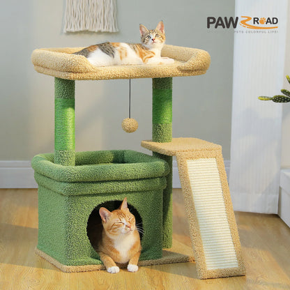 Compact Furvio Shop 3-tier cat tree with scratching pad, featuring cozy platforms and sisal scratching posts for cats to climb and scratch.