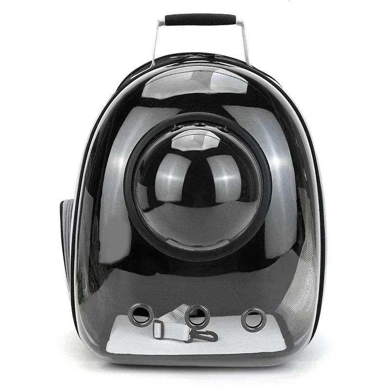 Transparent space capsule pet backpack by Furvio Shop, showing clear plastic design with adjustable straps for comfortable pet travel.