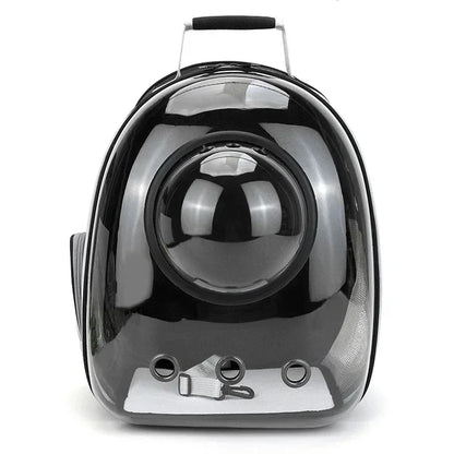 Transparent space capsule pet backpack by Furvio Shop, showing clear plastic design with adjustable straps for comfortable pet travel.