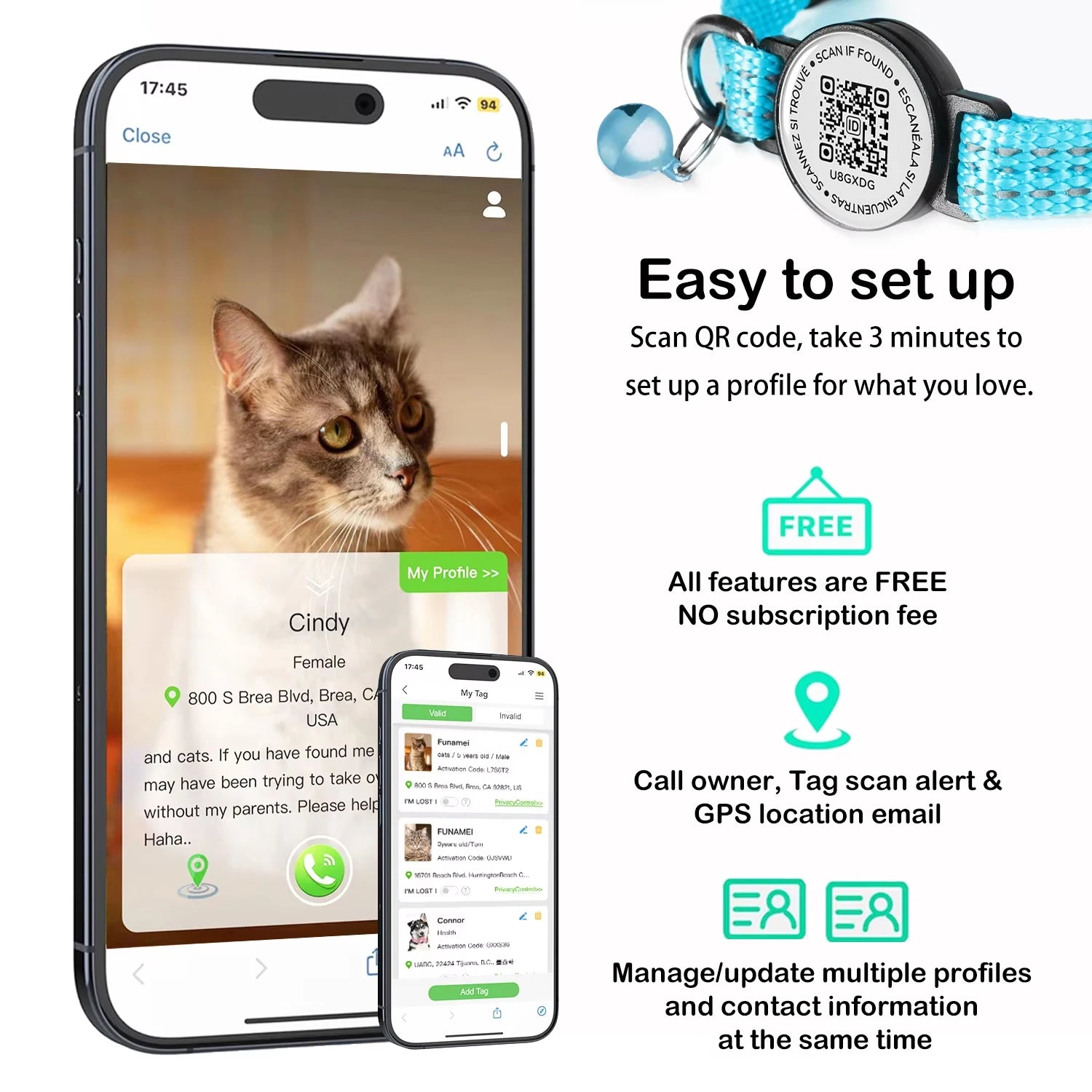 Furvio Shop Smart AirTag and QR code cat collar in vibrant color, adjustable with safety buckle, designed for pet tracking.