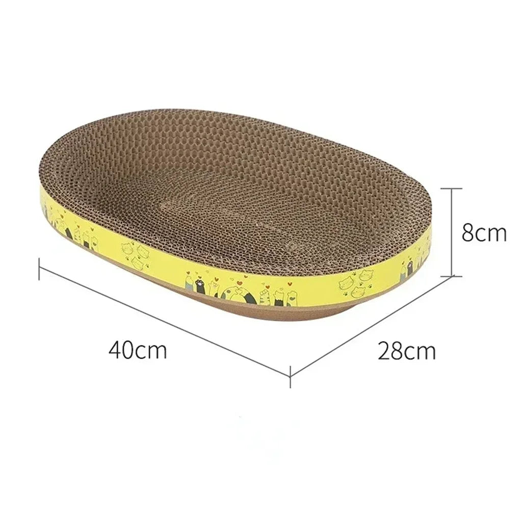 Oval corrugated cat scratcher and lounge bed by Furvio Shop, featuring a cozy, textured surface for cats to scratch and relax.