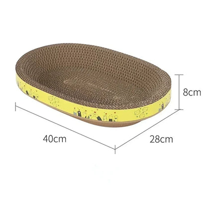 Oval corrugated cat scratcher and lounge bed by Furvio Shop, featuring a cozy, textured surface for cats to scratch and relax.