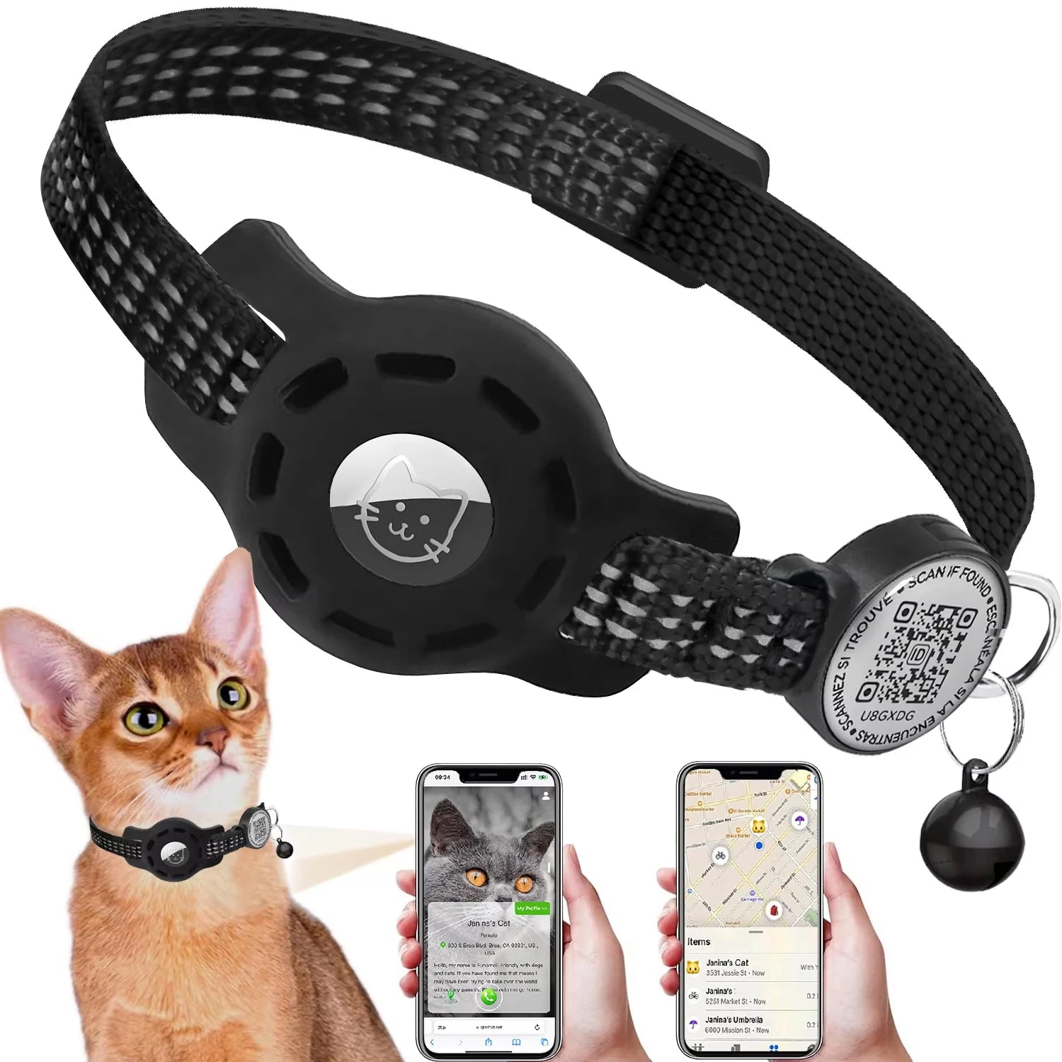 Furvio Shop Smart AirTag and QR code cat collar in vibrant colors on a black cat's neck, showcasing adjustable design and secure fit.