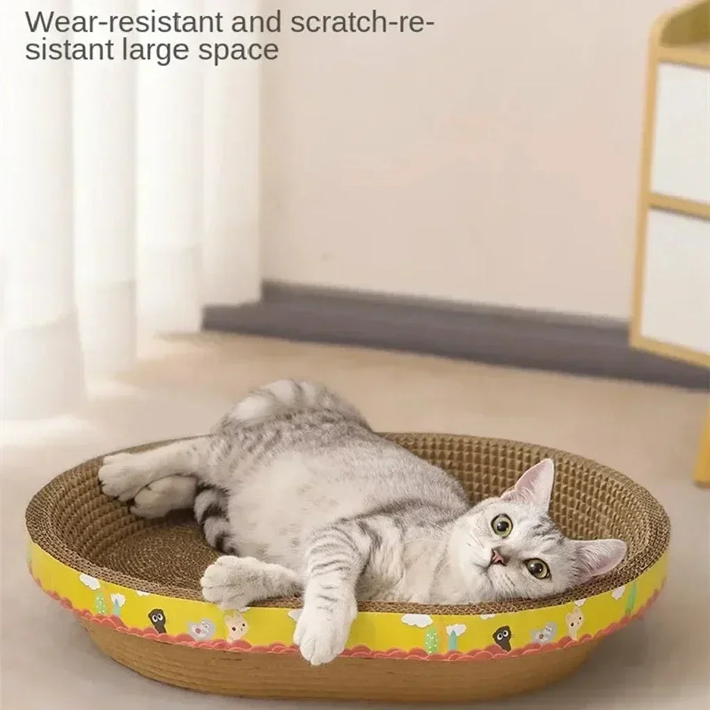 Oval corrugated cat scratcher and lounge bed by Furvio Shop, featuring a cozy curved design for cats to scratch and rest comfortably.