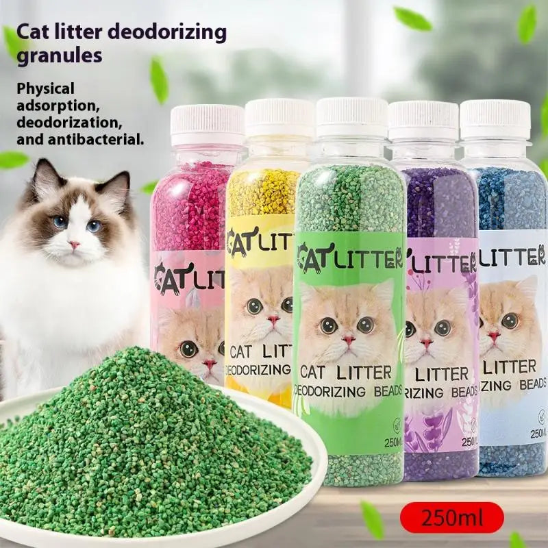 Furvio Shop long-lasting cat litter deodorizing beads in a clear container, designed to control odors and keep litter fresh.